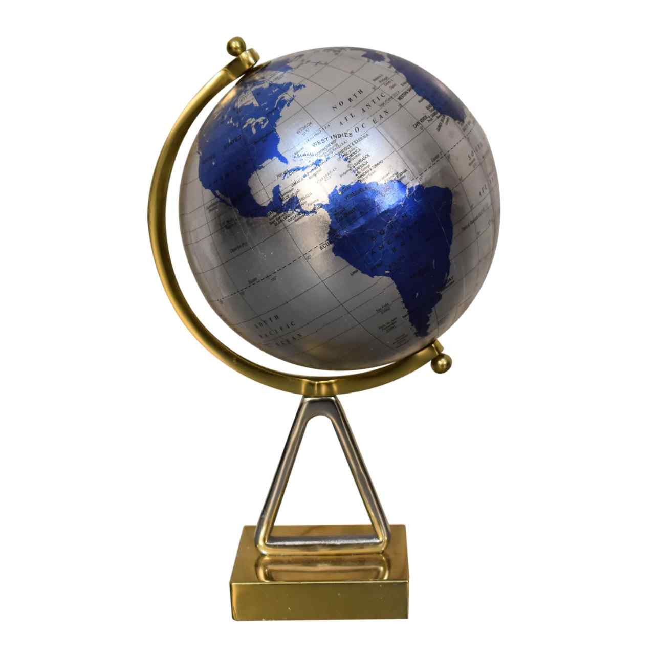 Mixed Chrome and Brass Blue Globe Side View Americas