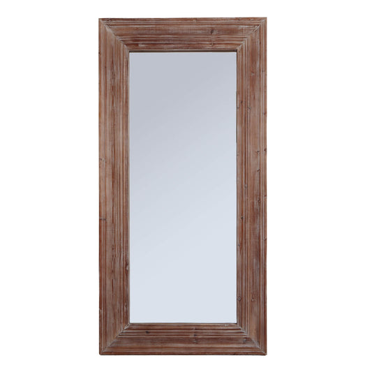 Full-length mirror with a light brown, washed effect, wood-paneled frame.