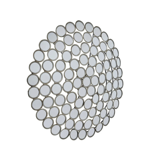 Detailed image of a round convex mirror with an antiqued silver finish. The frame is made up of numerous individual segmented pieces, creating a striking and vintage-inspired design.