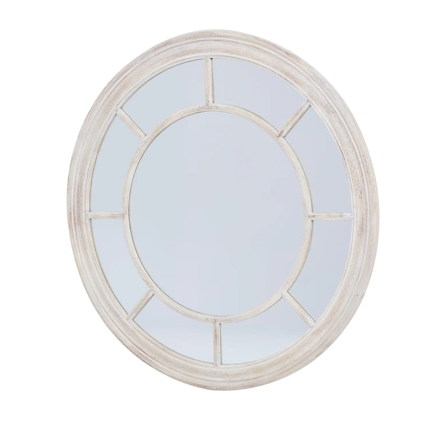 Circular, washed wood framed mirror with eight small, arched mirror panes around a main round mirror.