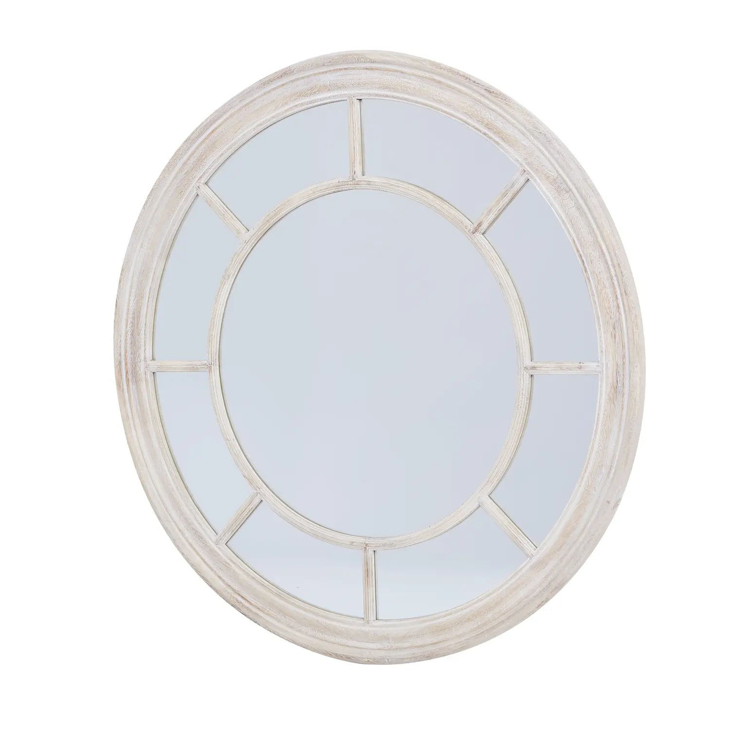 Circular, washed wood framed mirror with eight small, arched mirror panes around a main round mirror.