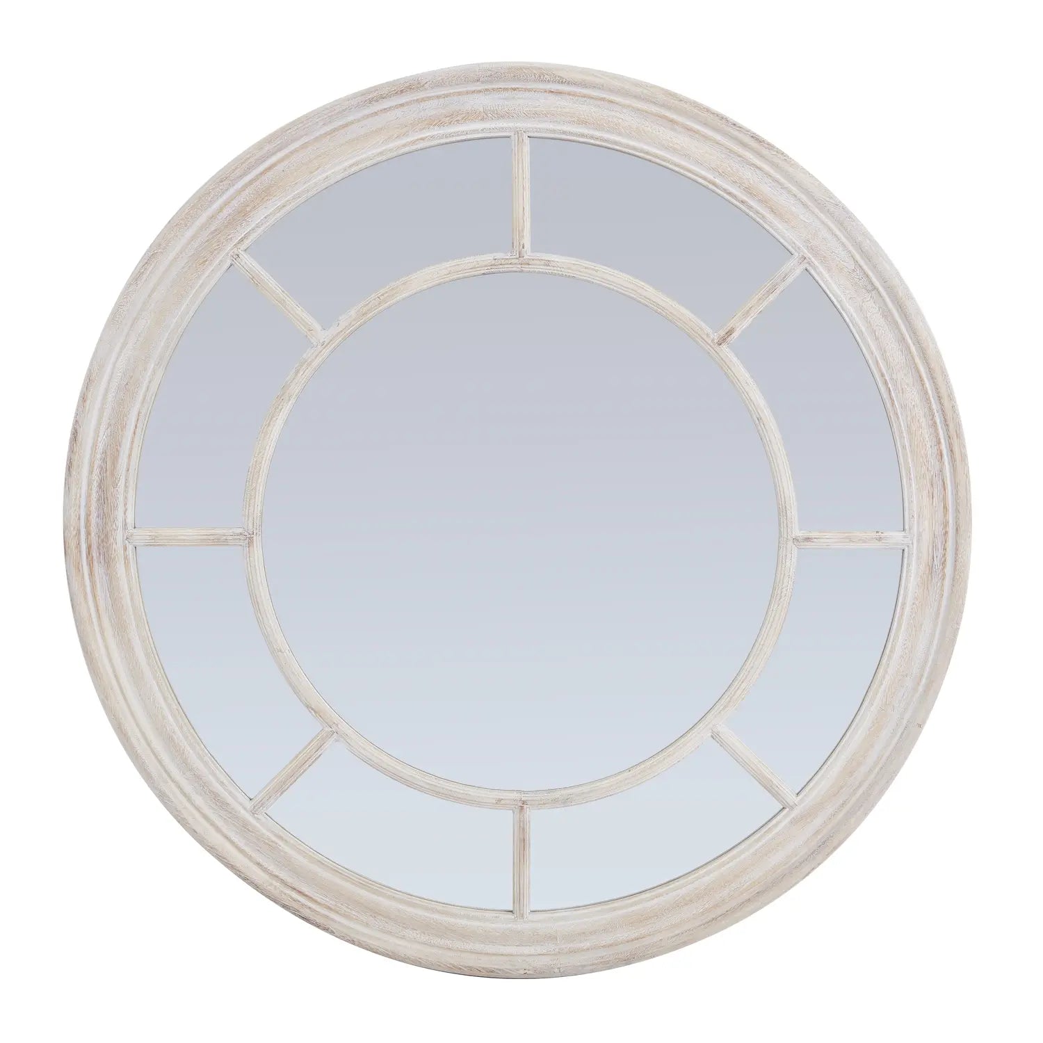 Medium round mirror with a washed brown wood frame and eight small framed circular sections around the main circle section.