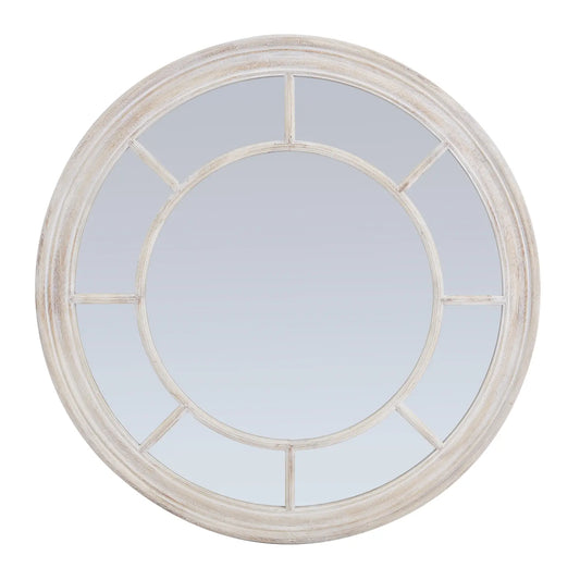 Medium round mirror with a washed brown wood frame and eight small framed circular sections around the main circle section.